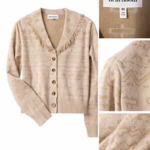 Heartloom Beige Patterned Fringe-Collar Button Cardigan